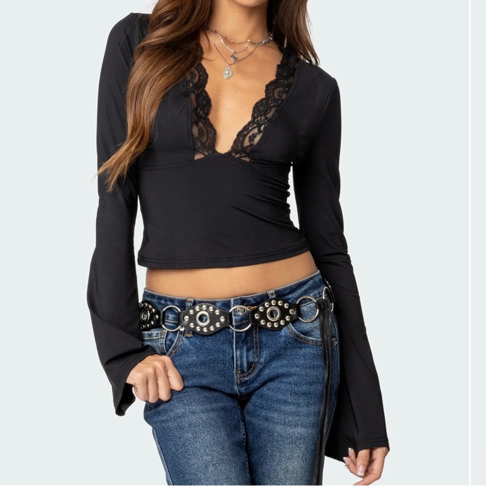 NWT Commense black lace trim bell sleeve top